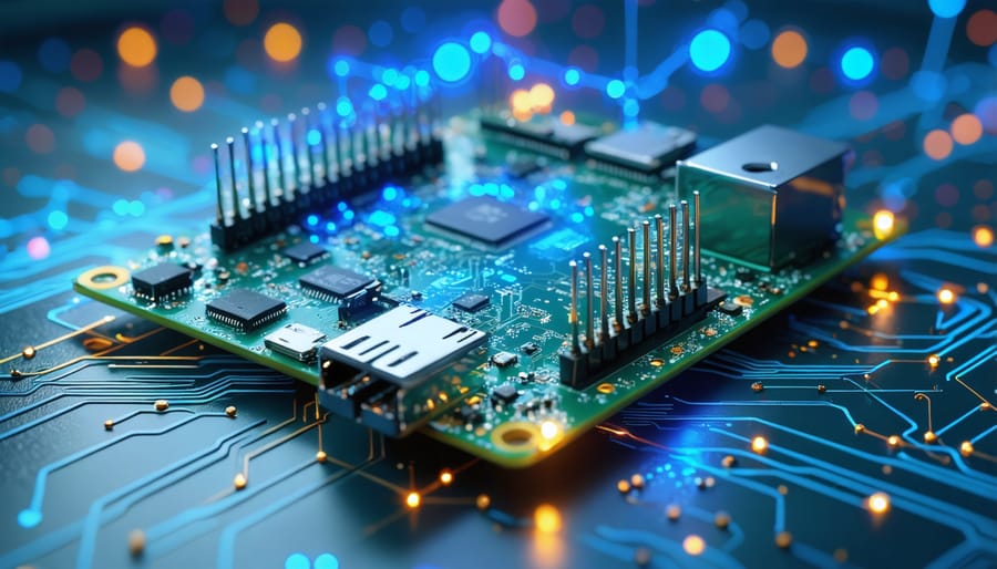A conceptual illustration of a Raspberry Pi enhancing cybersecurity with AI, shown as a central hub analyzing digital network patterns and neural connections.