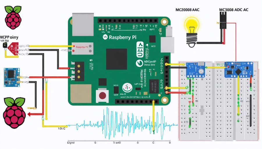 Illustration depicting a Raspberry Pi 4 set up as an analog data logger, featuring an MCP3008 ADC, sensors, and a connection to GPIO pins via jumper wires, symbolizing the concept of analog data acquisition.