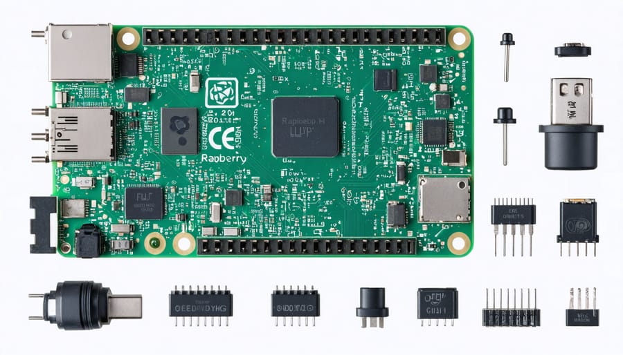 Component layout showing Raspberry Pi 4, camera module, power supply, and case parts