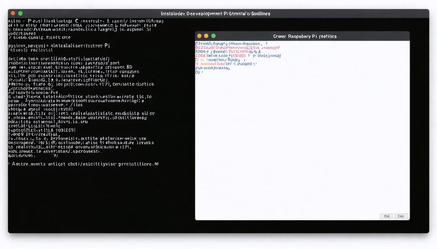 Terminal window displaying GCC and development tools installation commands on Raspberry Pi