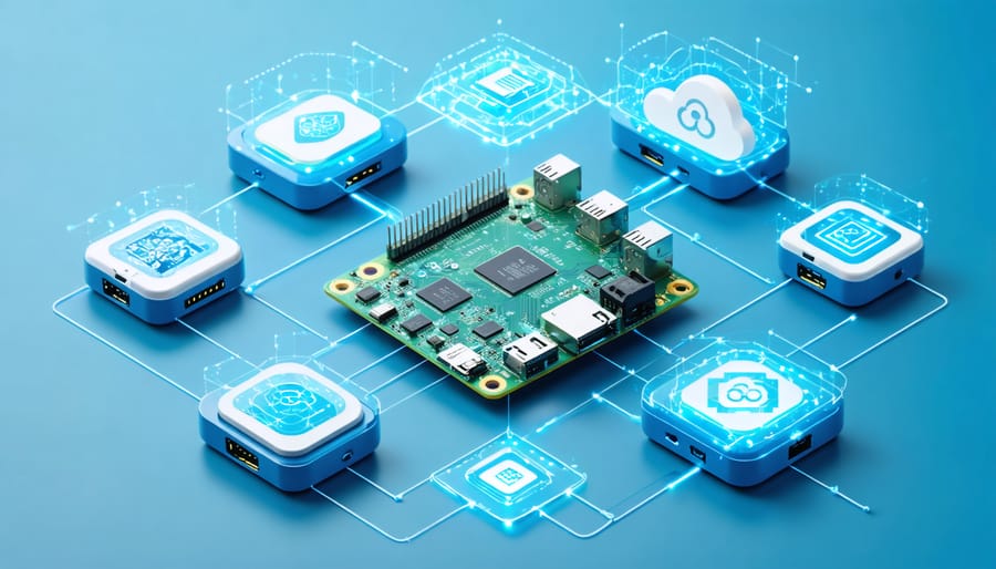 Conceptual illustration depicting a Raspberry Pi central to a network of edge devices and cloud components, symbolizing optimized data flow and reduced processing latency in edge computing.