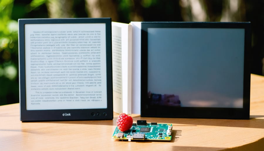 A side-by-side comparison of an e-ink display and an LCD screen in bright sunlight, demonstrating the superior clarity and readability of the e-ink display with a Raspberry Pi in the background.