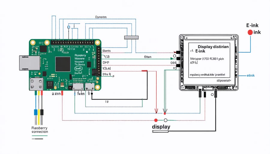 Technical diagram showing wiring connections between Raspberry Pi and e-ink display components