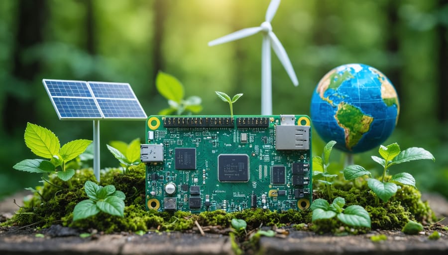 Conceptual image of Raspberry Pi surrounded by green leaves and a small world globe, featuring energy-efficient elements such as solar panels, wind turbines, and power meters highlighting sustainable computing.