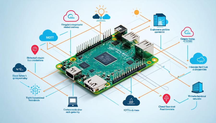 Conceptual image of a Raspberry Pi 4 acting as an IoT gateway, connected to multiple devices through highlighted protocol lines like MQTT, CoAP, and HTTP/2, with symbolic representation of cloud integration and network security.