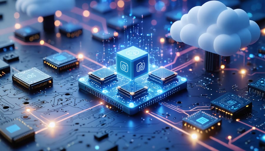 Conceptual illustration of a Raspberry Pi cluster configured as a Kubernetes cloud server with digital data streams and networking symbols.