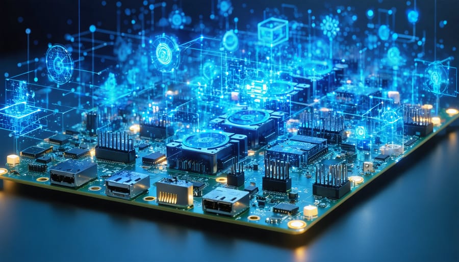 An illustration of Raspberry Pi devices networked together as a Kubernetes cluster, with heat sinks and cables, symbolizing a powerful edge computing hub with digital representations of microservices above.