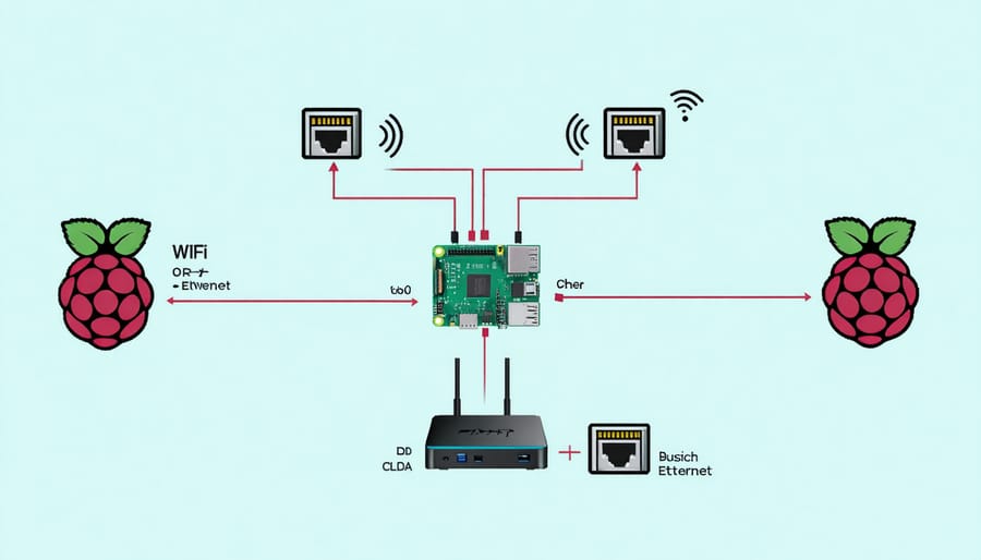 Network diagram illustrating Raspberry Pi connectivity options and basic network setup