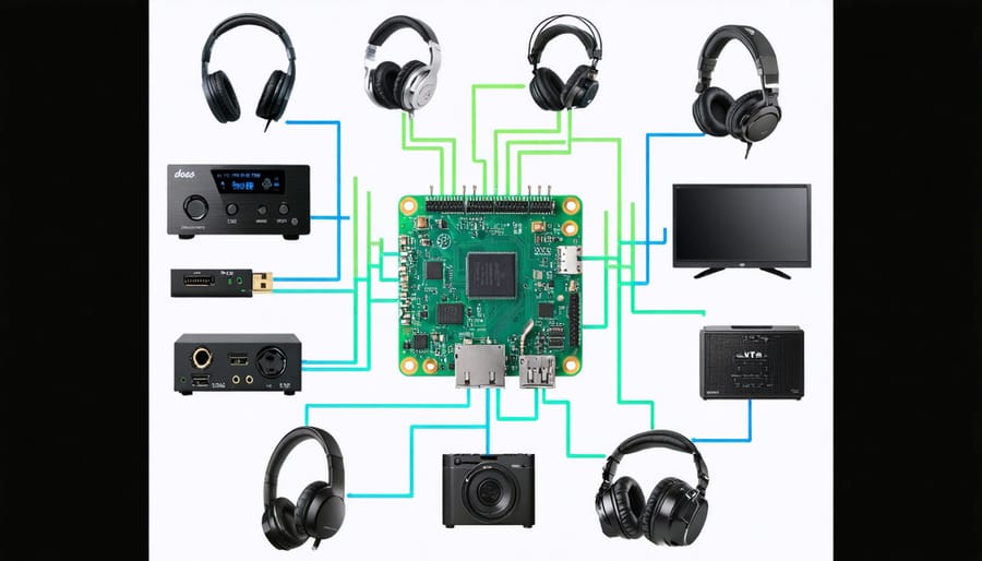 Raspberry Pi surrounded by high-end audio equipment like DACs and USB interfaces, illustrating its transformation into a professional audio powerhouse with a background of audio waveforms.