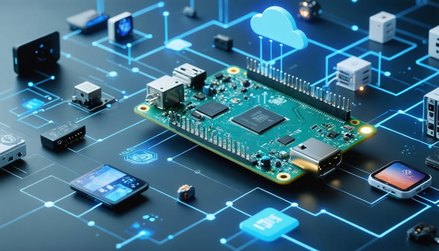 Raspberry Pi shown as the central hub in a network of IoT devices, with visual elements symbolizing cloud connectivity and data flow.