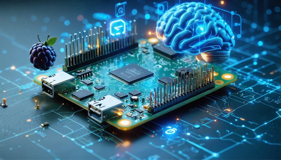 A conceptual illustration showing a Raspberry Pi with digital representations of a brain, gears, and Q-tables to emphasize Q-learning and machine learning on physical computing devices.