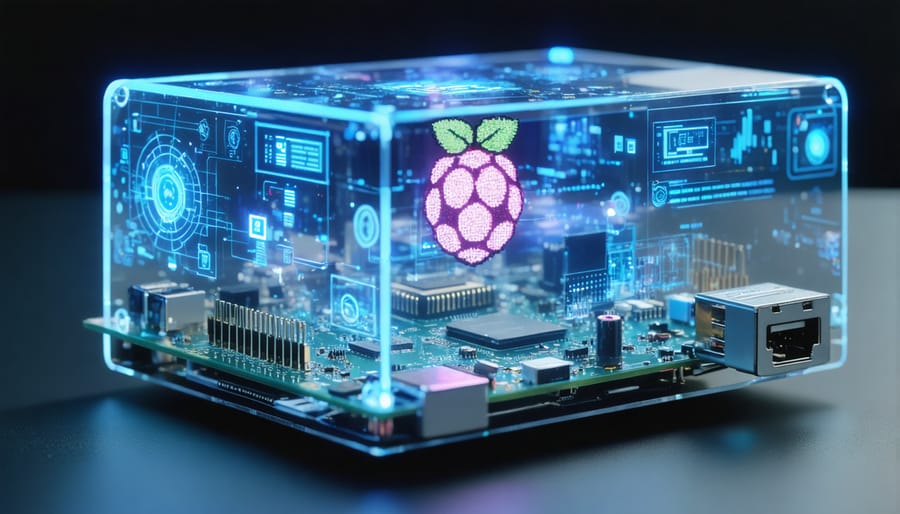 A futuristic setup of a Raspberry Pi connected to a transparent LCD, displaying digital content over a physical background, representing a cutting-edge home automation interface.