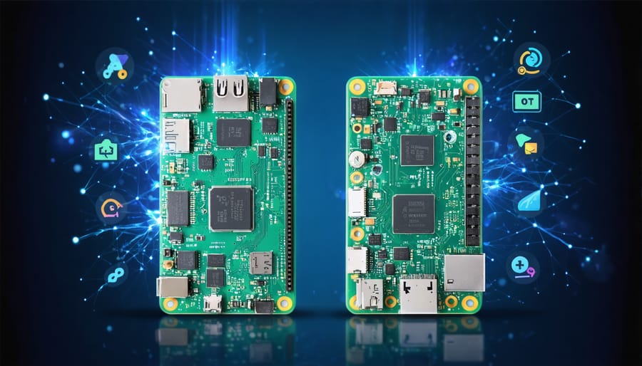 Illustration of Raspberry Pi Zero W and Zero 2 W side by side, with digital data sparks highlighting the enhanced performance of the Zero 2 W, accompanied by IoT and gaming icons.