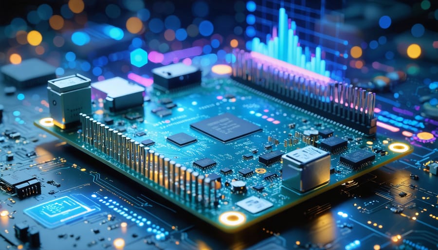 Conceptual depiction of a futuristic single-board computer representing the Raspberry Pi 5, highlighting its advanced features and technological innovation.