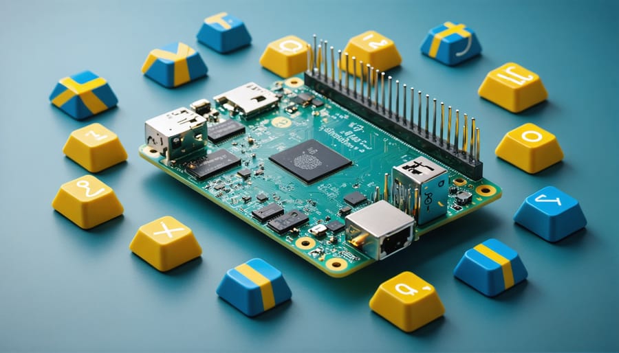 Illustration showing a Raspberry Pi with Swedish keyboard keys including å, ä, ö floating around it, symbolizing the integration of Swedish language support in Raspberry Pi devices.