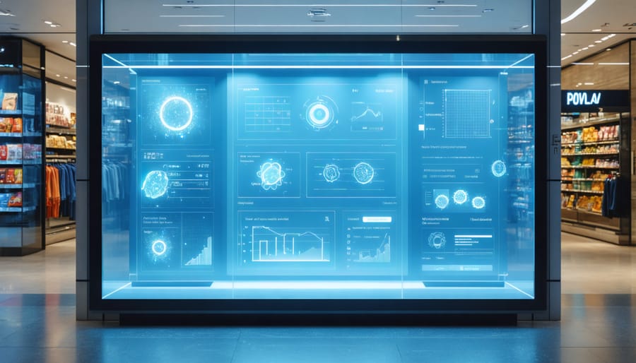 Transparent display showing product information overlaid on physical products in a retail showcase