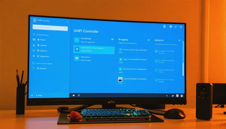 UniFi network management interface showing connected devices and network statistics