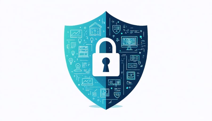 Illustration showing a protective shield around voice data symbols with lock icons and security elements
