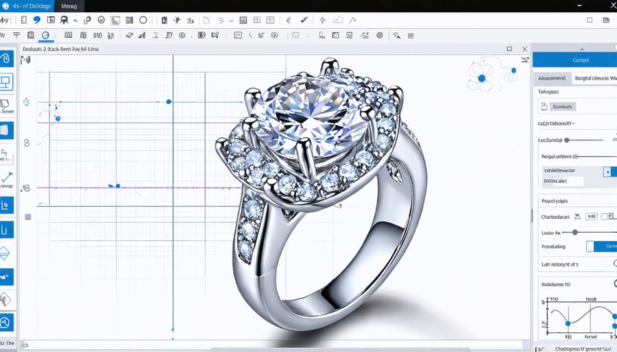 A 3D jewelry design software interface showing a detailed ring with gemstone settings, surrounded by CAD grids and design tools.