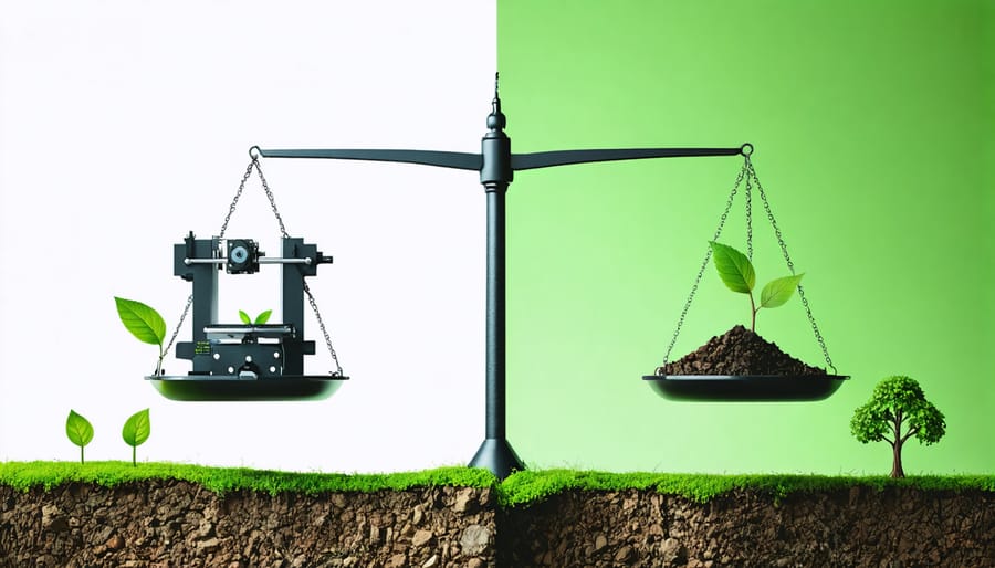 Illustration showing a scale with 3D printing materials, balancing traditional plastic waste against eco-friendly alternatives like biodegradable and recycled filaments.