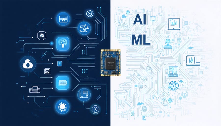 A split image illustrating AI with decision trees and natural language icons on one side, and ML with data patterns and sensor visuals on the other, centered around a microcontroller board.
