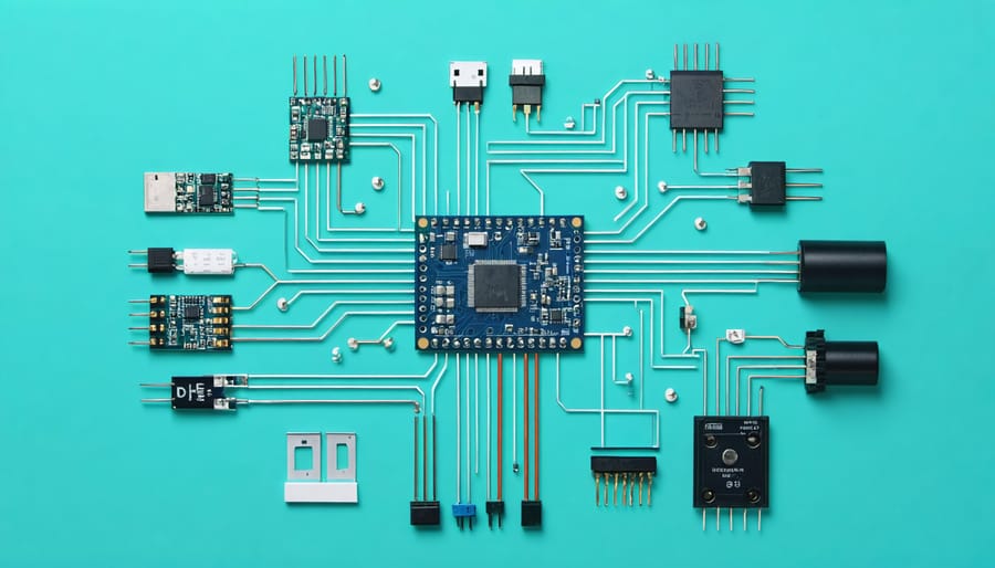 Illustration of a 1-Wire communication network with a central microcontroller as the master device and various slave devices like temperature sensors and EEPROMs connected through a single wire, demonstrating the simplicity and efficiency of the protocol.