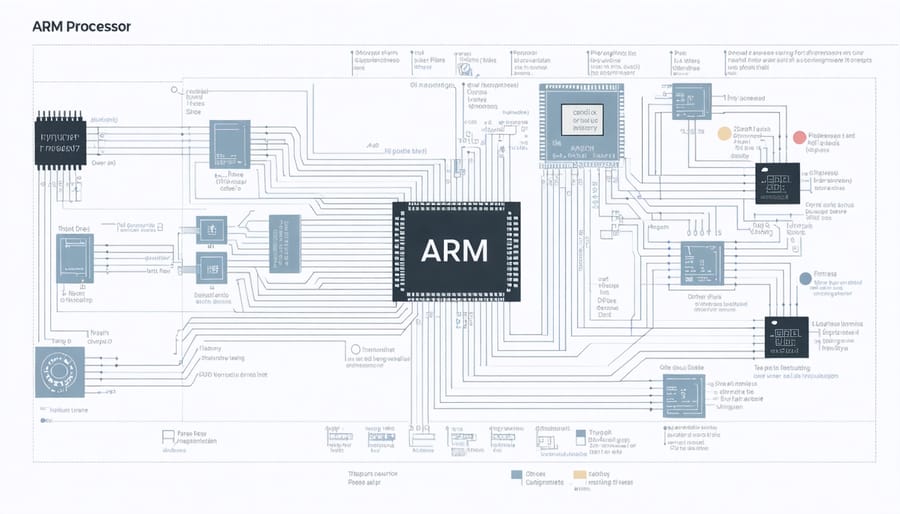 Architectural diagram of ARM processor showing registers, memory units, and data paths