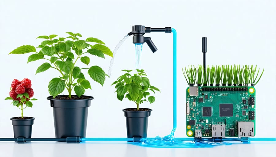 DIY plant watering system showing moisture sensors in soil and connected pump system