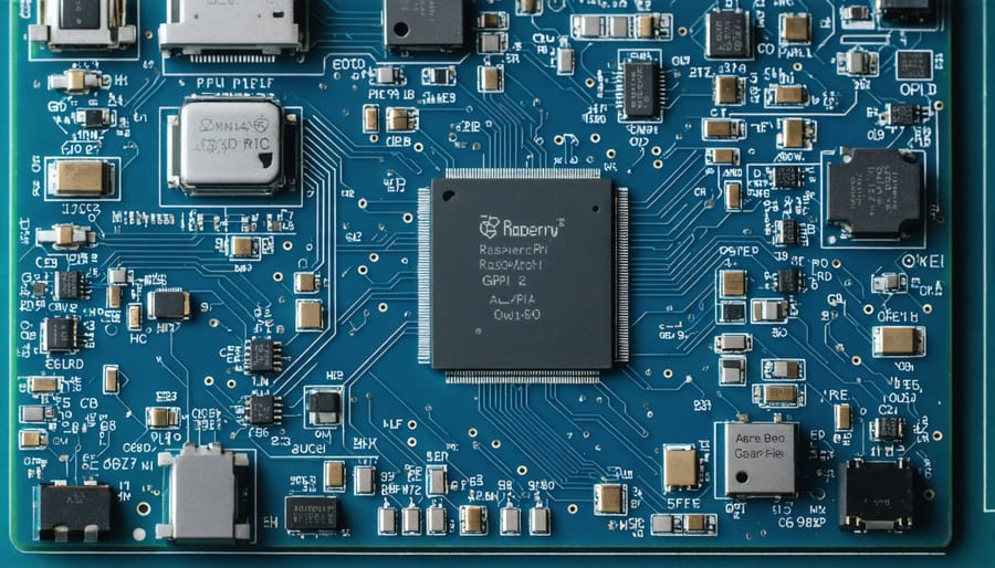 Close-up of Raspberry Pi circuit board showcasing ARM processor and GPIO pins with schematic overlays, representing bare metal programming and direct hardware control.