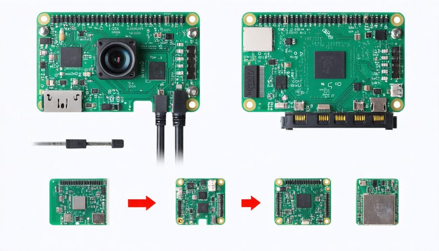 Sequential photos demonstrating camera module connection to Raspberry Pi Zero board