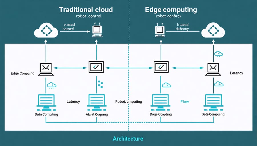 Side-by-side comparison diagram of cloud vs edge computing for robotics control