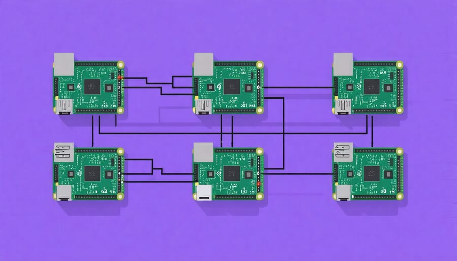 Network diagram illustrating connections between Raspberry Pi nodes, switch, and gateway