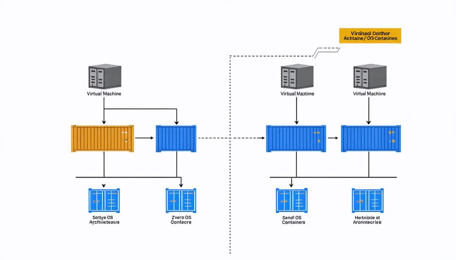 Side-by-side comparison of container and VM architectures highlighting resource usage differences