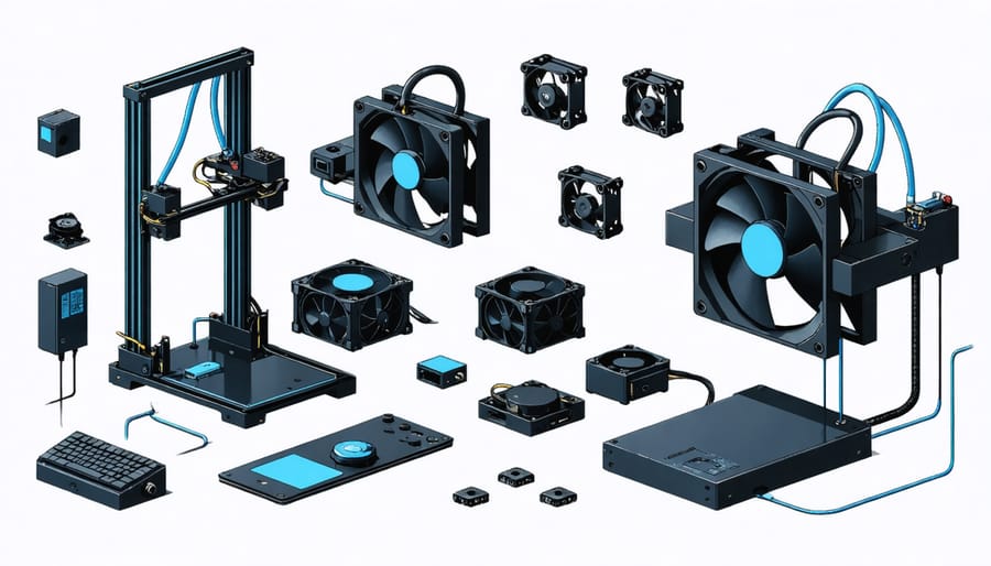 Technical diagram showing different types of cooling fans and their mounting positions on a 3D printer hot end