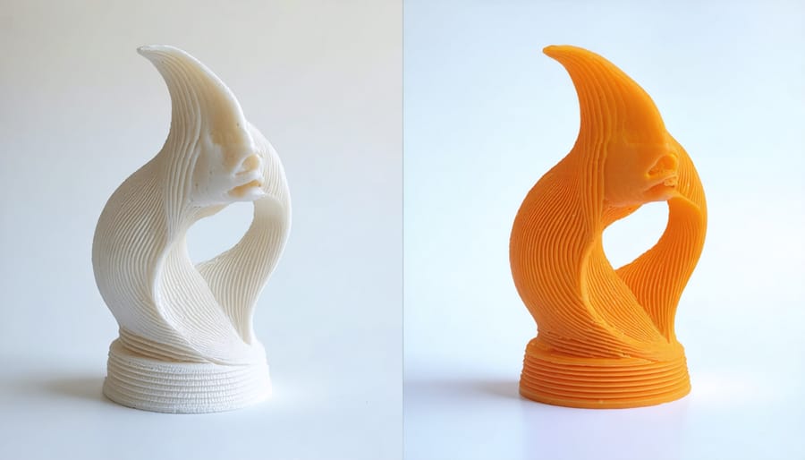 Comparison showing warping defects in an uncooled 3D print next to a successful print with proper cooling
