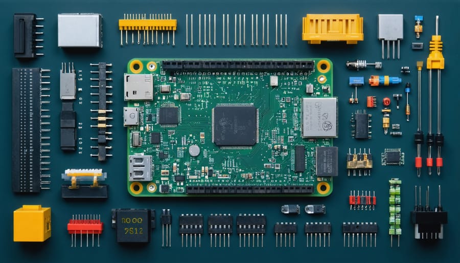 An illustration of a Raspberry Pi board with various custom components and circuitry patterns, representing the potential of customized electronics.
