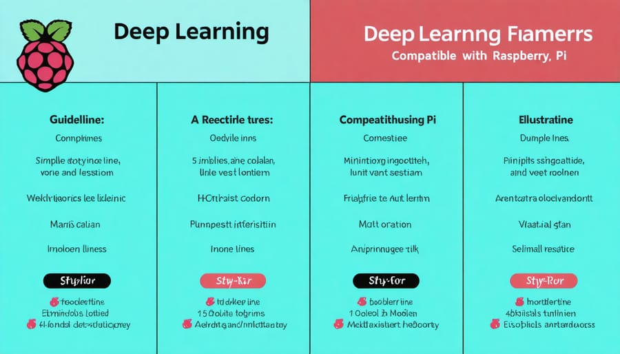 Comparison chart showing features and requirements of TensorFlow Lite, PyTorch, and other frameworks for Raspberry Pi