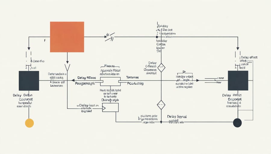 Signal flow diagram showing input, delay buffer, feedback loop, and output stages