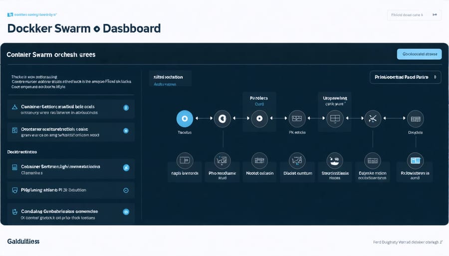 Docker Swarm management interface displaying container distribution across Raspberry Pi cluster nodes