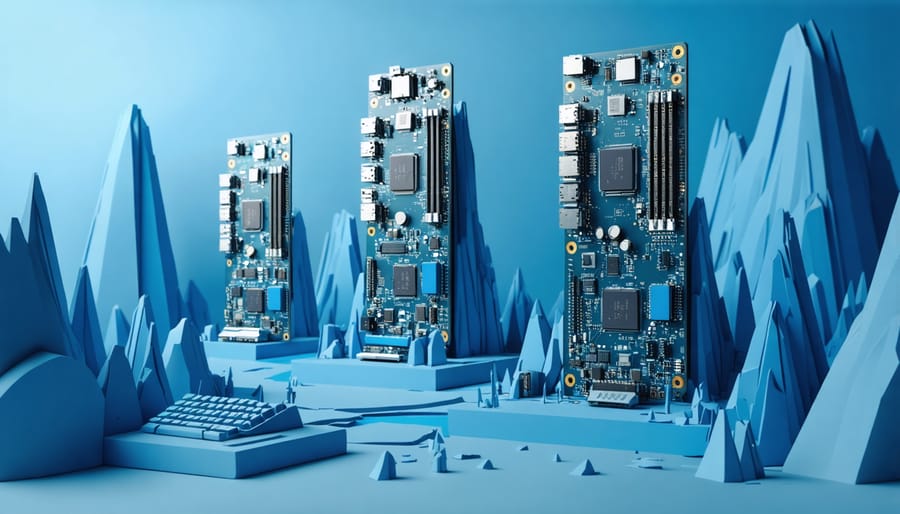 Artistic depiction of single-board computers such as Raspberry Pi and Jetson Nano as large structures, symbolizing their role in edge computing alongside traditional desktop computer towers.