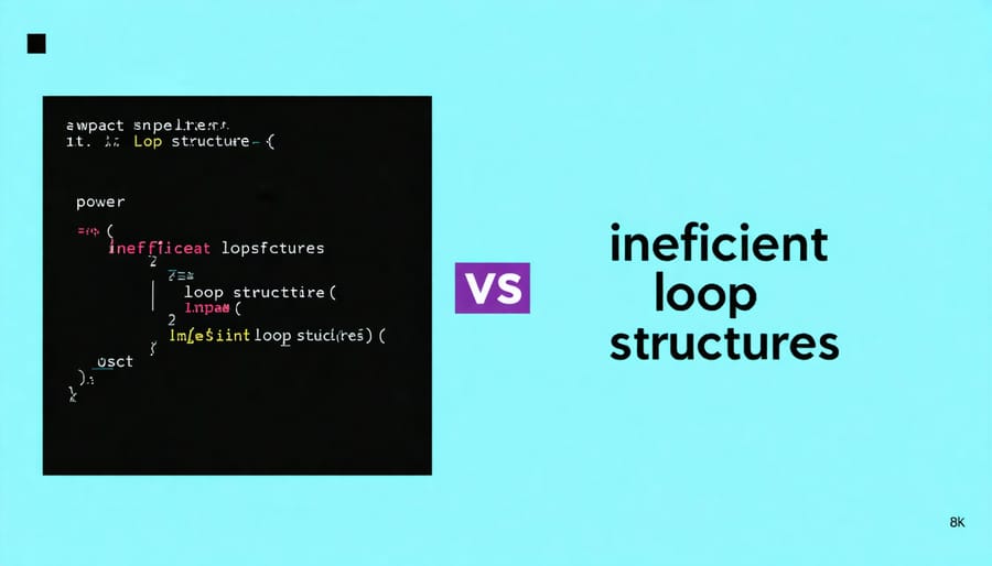 Side-by-side comparison of optimized and unoptimized Python code loops with power consumption indicators