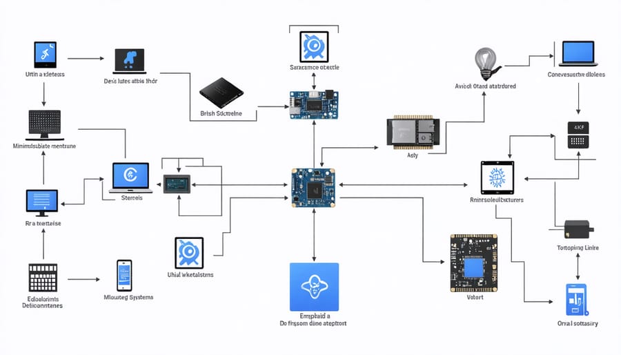 Infographic illustrating core components of embedded systems including processors, sensors, and real-time operations