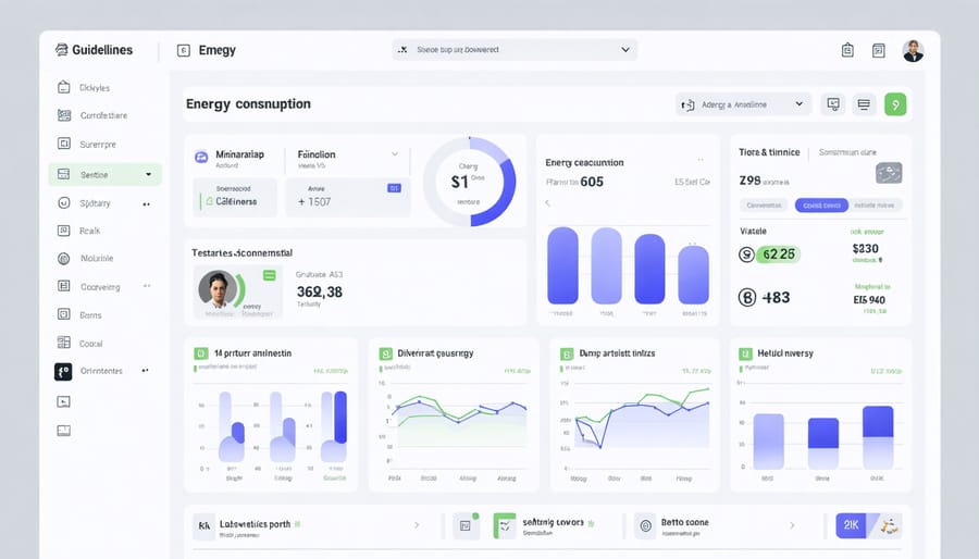 Energy monitoring dashboard with power usage graphs, cost analysis, and real-time readings