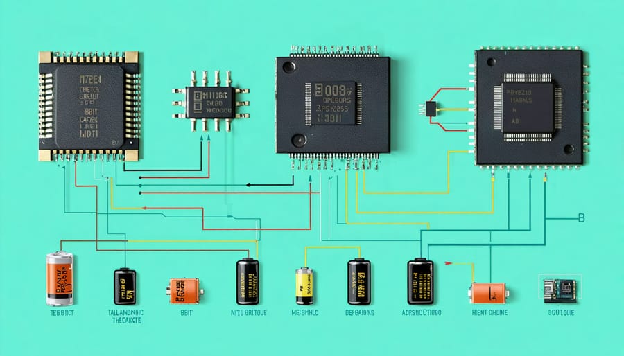 Conceptual illustration of the evolution of 8-bit microcontrollers, emphasizing their power efficiency and simplicity from the Intel 8008 to modern applications.