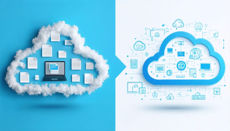 Split-screen conceptual illustration comparing file-based cloud backup with image-based cloud backup, depicting documents and files on one side and a complete system snapshot on the other.