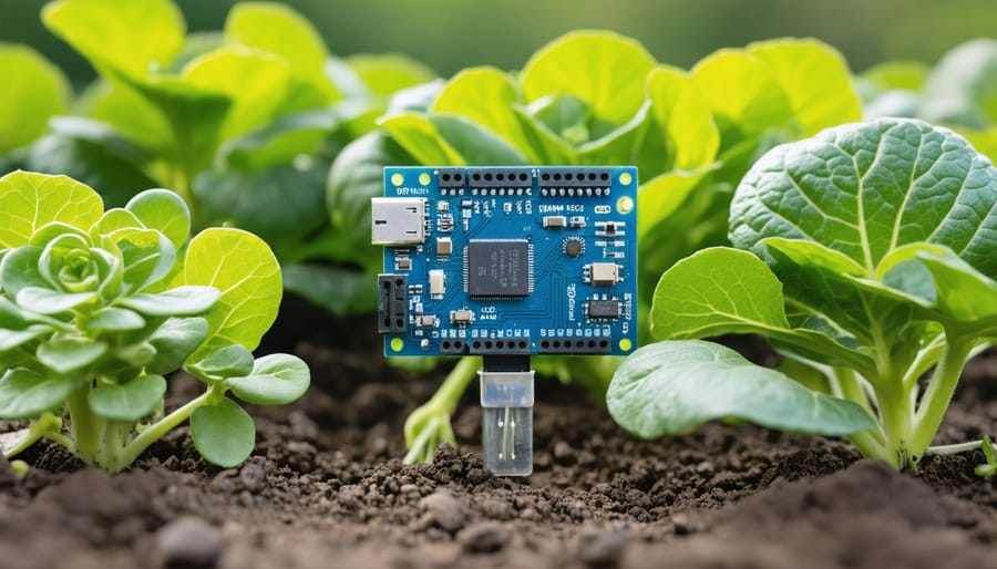 Garden automation system showing moisture sensors, irrigation controls, and SBC interface