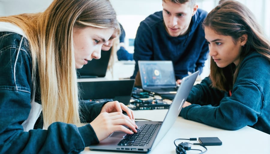 Diverse group of university students working together on Raspberry Pi projects at a hackathon event