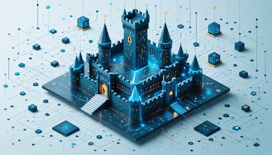 Conceptual illustration of a microcontroller symbolized as a digital fortress with security features like locks and shields, surrounded by abstract encrypted data streams and binary codes.