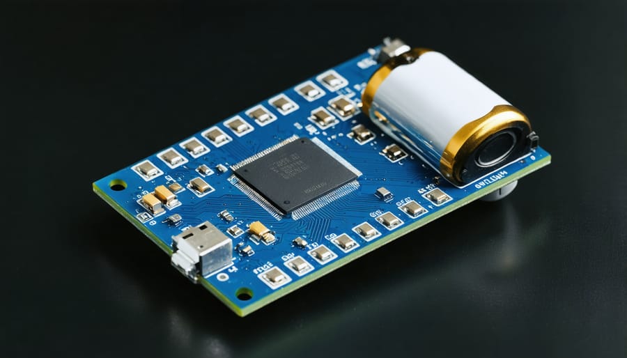 Compact IoT sensor device showing battery connection and 8-bit microcontroller implementation