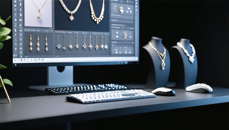 Professional jewelry design workspace with 3D mouse, tablet, and multiple monitors